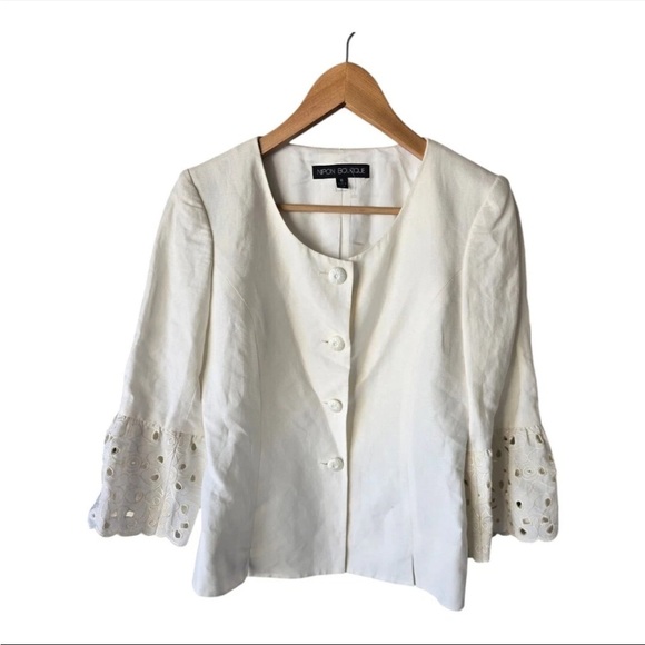 $240 Nipon Boutique Linen Blend Blazer Jacket Women 6 Lace Flare Sleeve Eyelet - Picture 1 of 14